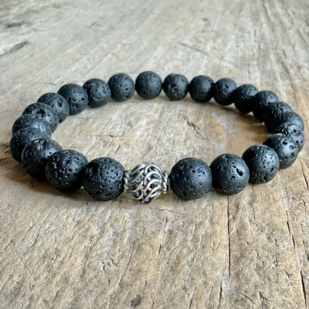 Black Lava Stone Stretch Bracelet Sterling Silver Accent Bead Unisex - 8mm Beads